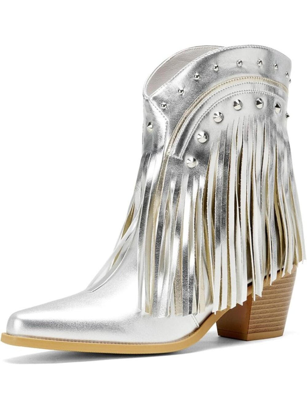 Women's Silver Sparkly Rhinestone Fringe Tassels Western Ankle Short Heeled Boot